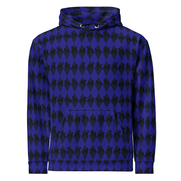 Blue and black patterned hoodie on a white background