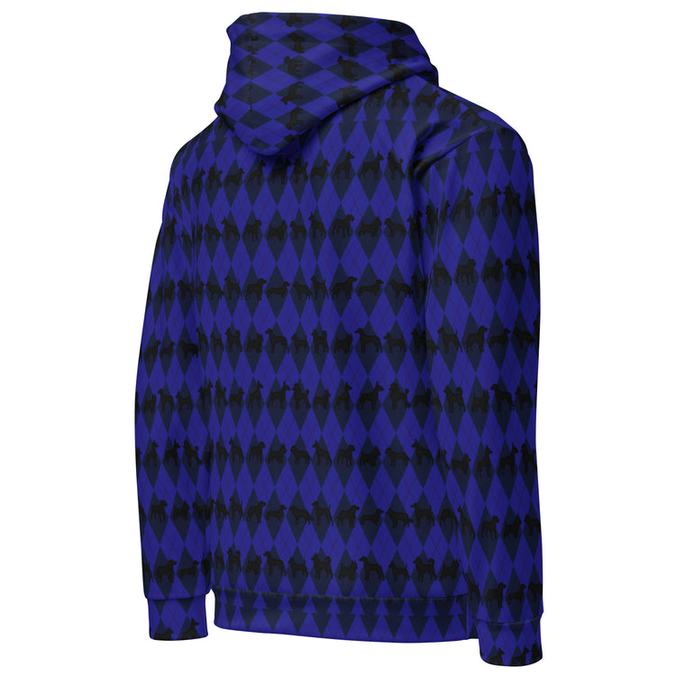 Blue and black checkered hoodie on a white background