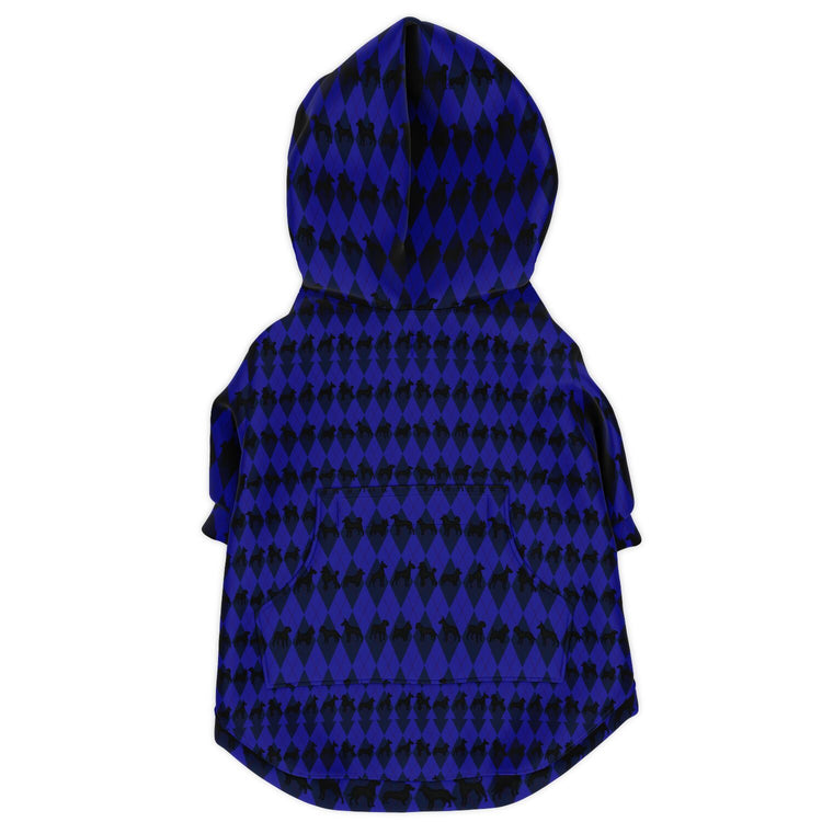 Blue and black patterned dog coat with hood on a white background