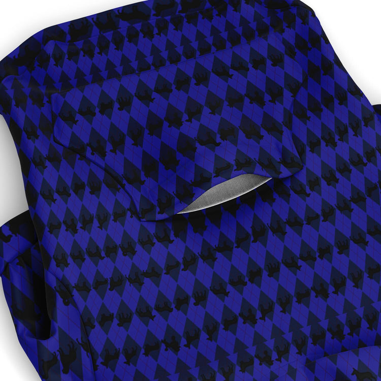 Blue and black patterned fabric with a pocket on a white background