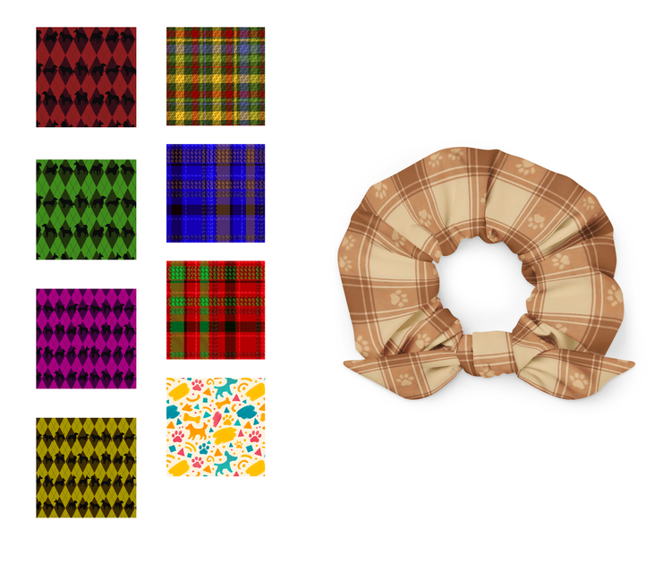 Plaid patterned scrunchies with a bow on a white background
