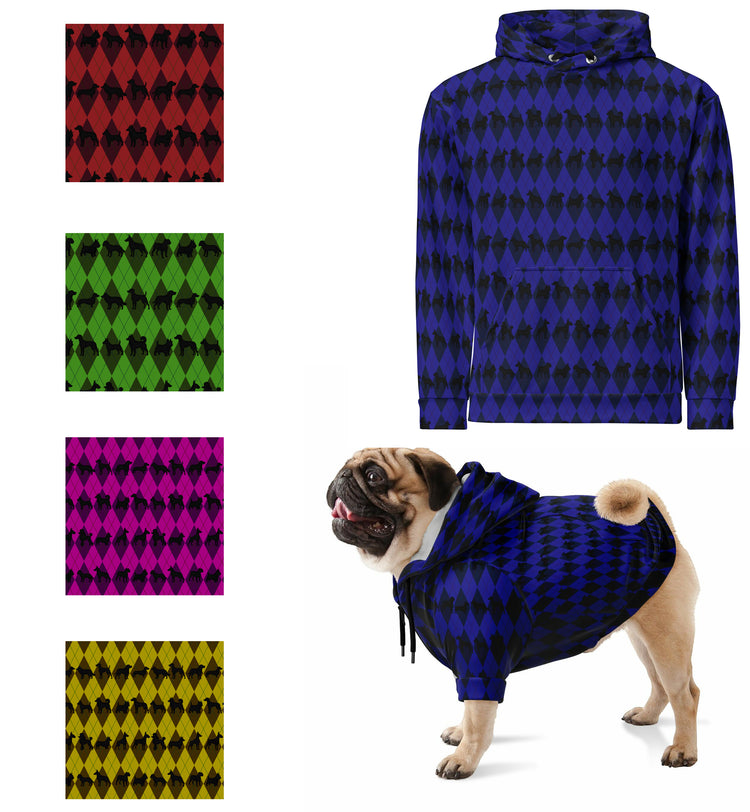 Dog wearing a blue and black patterned hoodie with color swatches above