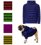 Dog wearing a blue and black patterned hoodie with color swatches above