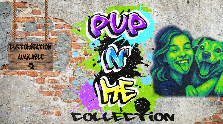 Graffiti-style text and a cartoon illustration of a woman and dog on a textured wall background.