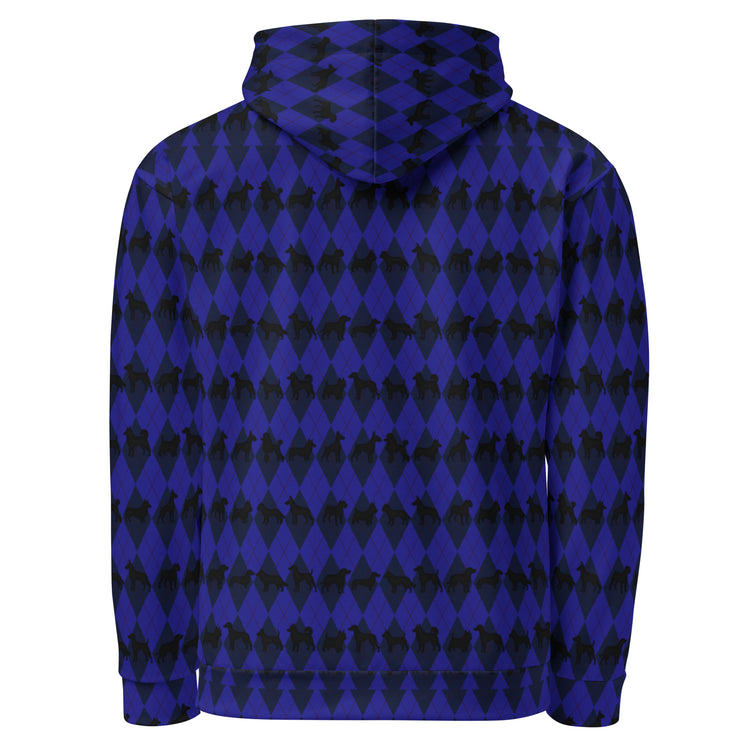 Blue and black checkered hoodie on a white background
