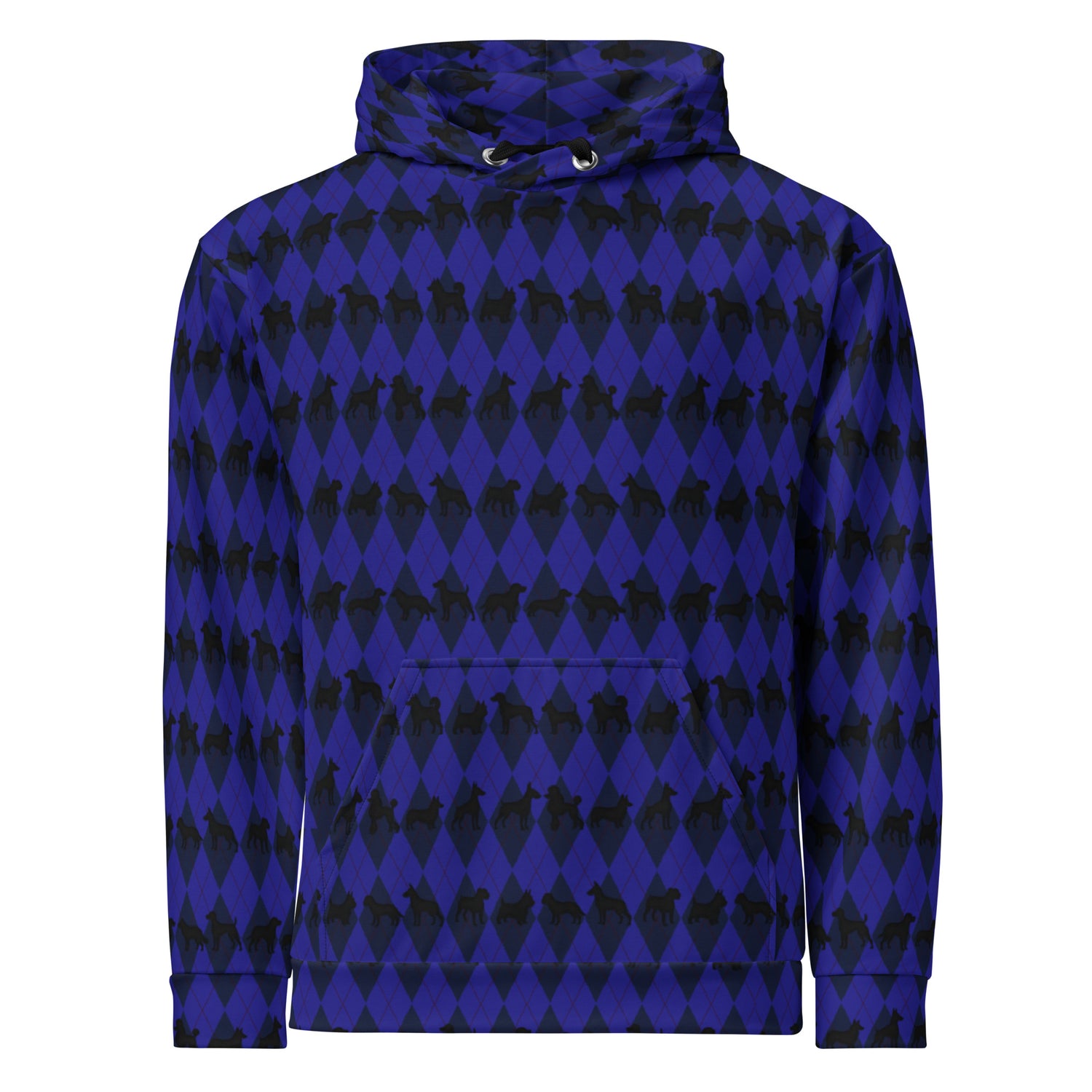 Blue and black patterned hoodie on a white background