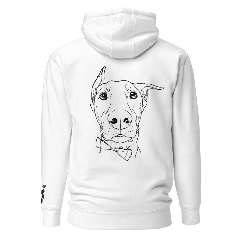 White hoodie with a black line drawing of a dog&