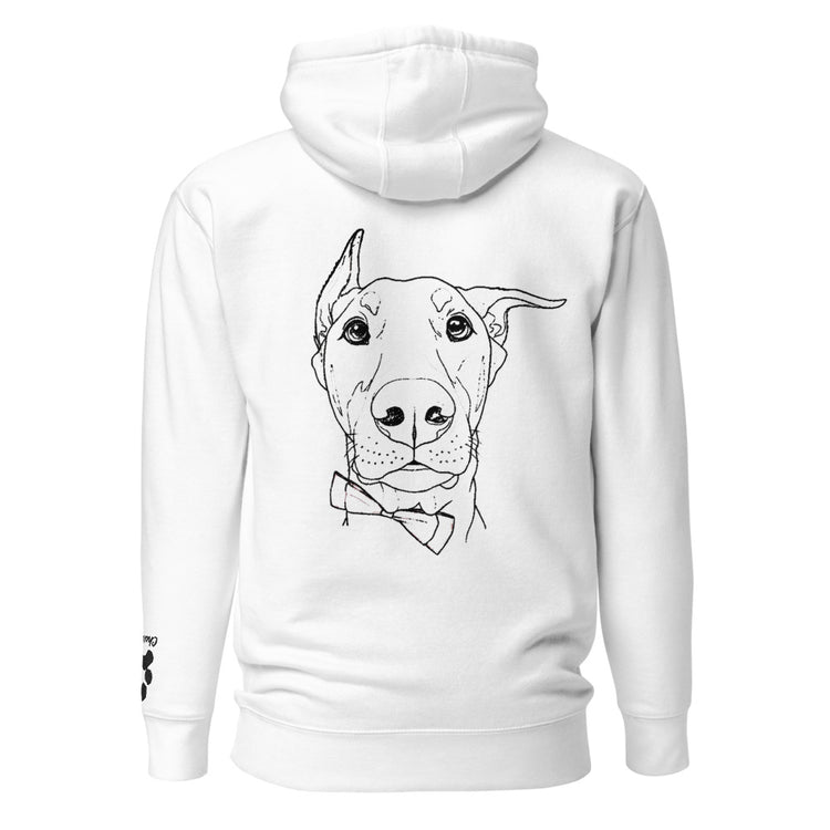 White hoodie with a black line drawing of a dog&
