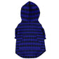 Blue and black patterned dog coat with hood on a white background