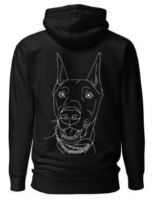 Black hoodie with a white dog illustration on the back against a white background