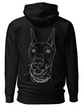 Black hoodie with a white dog illustration on the back against a white background